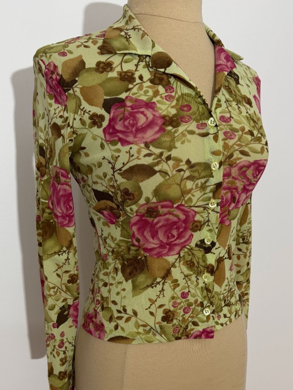 Kookaï Y2K Floral Pattern Long-Sleeve Mesh Button-Up Shirt